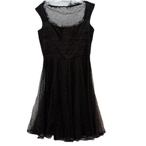 Carmen Marc Valvo Sheer Pleated Cocktail Dress Black Lace Sz 8 Whimsy Goth